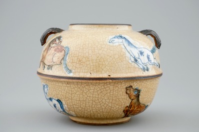 A globular Chinese vase with horses on a crackled brown ground, 18/19th C.