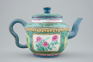 A Chinese enamelled Yixing teapot and cover, 19th C.