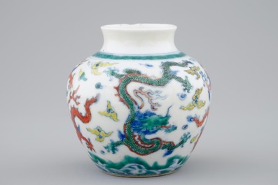 A small Chinese doucai jar vase with dragons among clouds, Qianlong mark, 19th C.