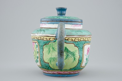 A Chinese enamelled Yixing teapot and cover, 19th C.