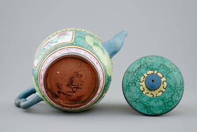 A Chinese enamelled Yixing teapot and cover, 19th C.