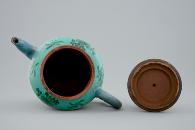 A Chinese enamelled Yixing teapot and cover, 19th C.