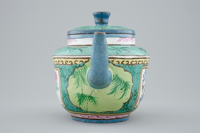 A Chinese enamelled Yixing teapot and cover, 19th C.