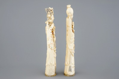 A large pair of Chinese inlaid ivory figures, 19th C.