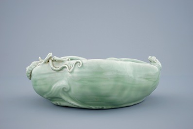 A Chinese monochrome celadon glazed brushwasher formed as a lingzhi fungus, 19th C.