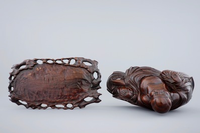 A large Chinese carved wood figure of Buddha on stand, 19th C.