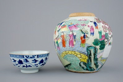 Three Chinese famille rose figures, a ginger jar and a blue and white lotus bowl, 18/19th C.