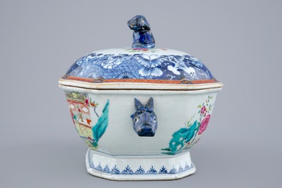 A Chinese octagonal famille rose tureen on stand, Qianlong, 1st half 18th C.
