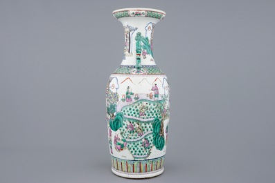 A large Chinese famille rose vase depicting the silk production, 19th C.