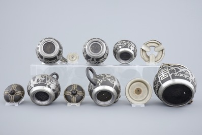A Chinese yixing and pewter part tea service on tray, Shanghai, ca. 1900