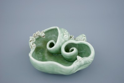 A Chinese monochrome celadon glazed brushwasher formed as a lingzhi fungus, 19th C.