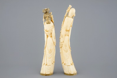 A large pair of Chinese inlaid ivory figures, 19th C.