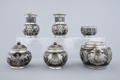 A Chinese yixing and pewter part tea service on tray, Shanghai, ca. 1900