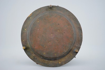 A copper alloy Buddhist alms tripod dish with applied animals, Asia, 19/20th C.