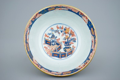 A large Chinese export porcelain Imari style punchbowl, Kangxi