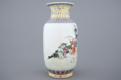 A Chinese famille rose vase with a parade of boys, 20th C.