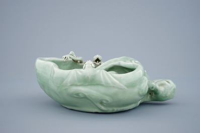 A Chinese monochrome celadon glazed brushwasher formed as a lingzhi fungus, 19th C.