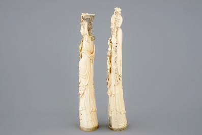 A large pair of Chinese inlaid ivory figures, 19th C.