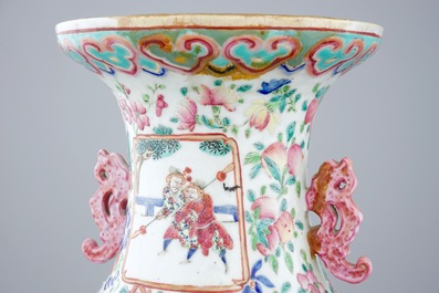 A pair of Chinese famille rose vases with warriors, 19th C.