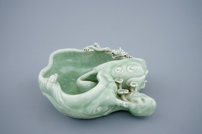 A Chinese monochrome celadon glazed brushwasher formed as a lingzhi fungus, 19th C.