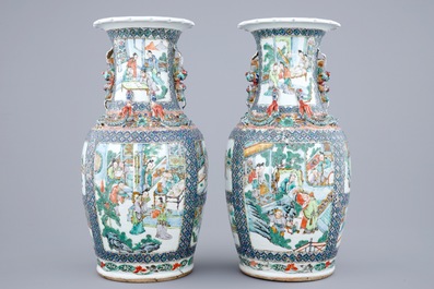 A pair of Chinese famille verte vases with court and garden scenes, 19th C.