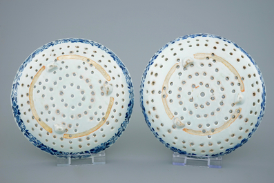 A pair of blue and white strainers after Dutch Delft examples, Qianlong, 18th C.