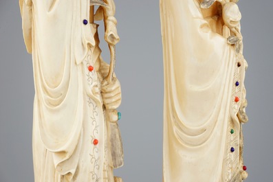 A large pair of Chinese inlaid ivory figures, 19th C.