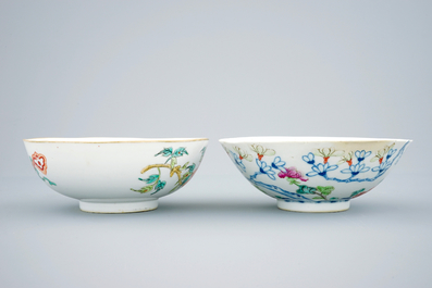 Two Chinese bowls with floral designs and a millefleur plate, 19th C.