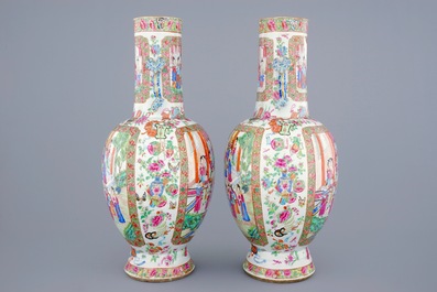 A pair of Chinese Canton famille rose vases with ruyi scepter handles, 19th C.