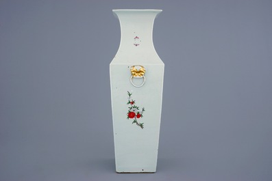 A Chinese famille rose square vase with birds among flowers, 19/20th C.