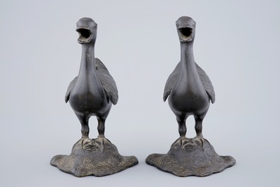 A pair of Chinese bronze duck-shaped incense burners, 18/19th C.