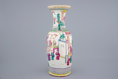 A tall Chinese famille rose vase with an equestrian scene, 19th C.