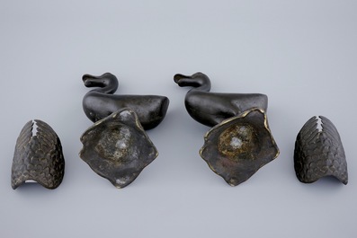 A pair of Chinese bronze duck-shaped incense burners, 18/19th C.