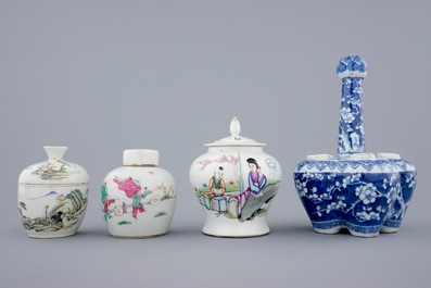 A Chinese blue and white tulip vase and 3 small famille rose covered jars, 19th C.