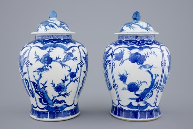A pair of Chinese blue and white vases and covers with long Elizas, 19th C.