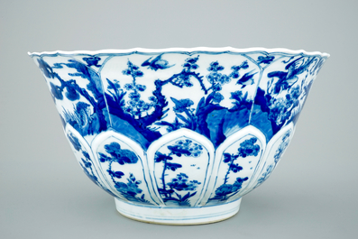 A large Chinese blue and white lobed and moulded bowl, Kangxi