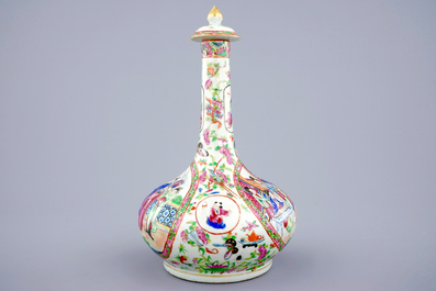 A Chinese bottle-shaped Canton famille rose vase and cover, 19th C.