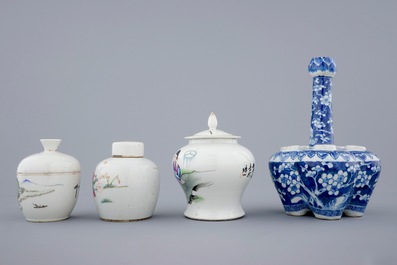 A Chinese blue and white tulip vase and 3 small famille rose covered jars, 19th C.