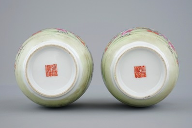 A pair of Chinese famille rose vases with playing boys, 20th C.