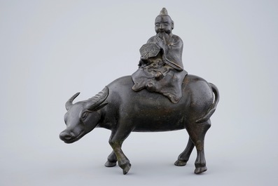 A Chinese bronze incense burner in the shape of a sage riding a buffalo, 19th C.