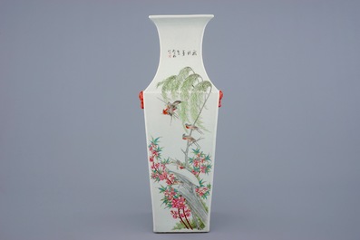 A Chinese famille rose and cianjiang cai square vase with birds among flowers and a landscape, 19/20th C.