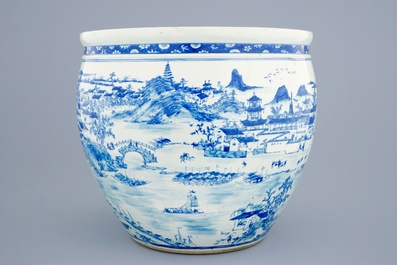 A large Chinese blue and white fish bowl with a view of Canton, 19th C.