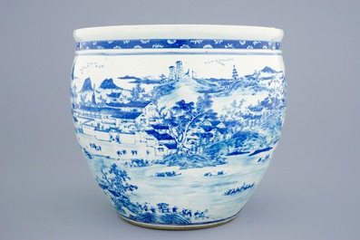 A large Chinese blue and white fish bowl with a view of Canton, 19th C.