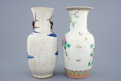 Two Chinese famille rose and blue and white vases, 19th C.