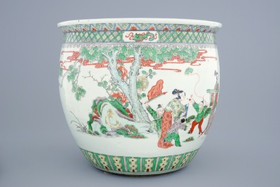 A Chinese famille verte fish bowl with figures, 19th C.