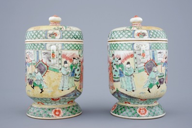 A pair of Chinese famille verte Kangxi style covered bowls, 19th C.