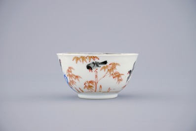 Een set van 6 Chinese koppen en schotels met vogels tussen bamboe, Yongzheng/Qianlong, 18e eeuw