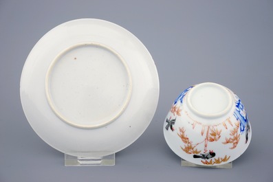 Een set van 6 Chinese koppen en schotels met vogels tussen bamboe, Yongzheng/Qianlong, 18e eeuw