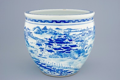 A large Chinese blue and white fish bowl with a view of Canton, 19th C.