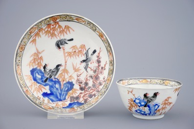 Een set van 6 Chinese koppen en schotels met vogels tussen bamboe, Yongzheng/Qianlong, 18e eeuw